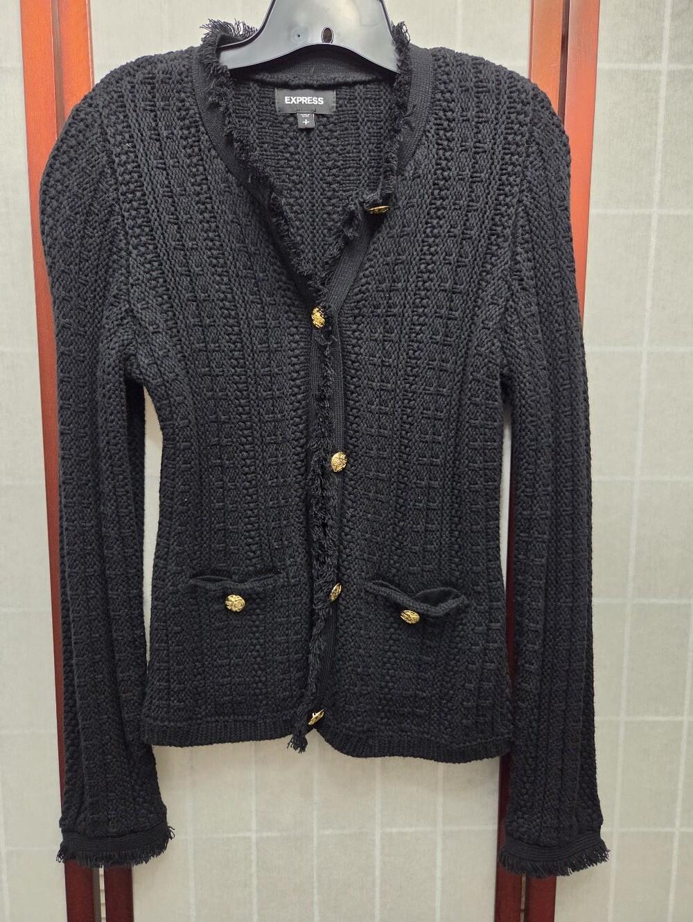 EXPRESS Black Fringed Knit Cardigan Jacket Gold Buttons Preppy Old Money S
